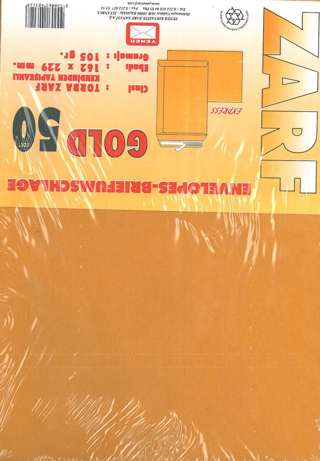 Torba Zarf 162x229 mm Kendinden Yapışkanlı 105 gr Gold 50'li