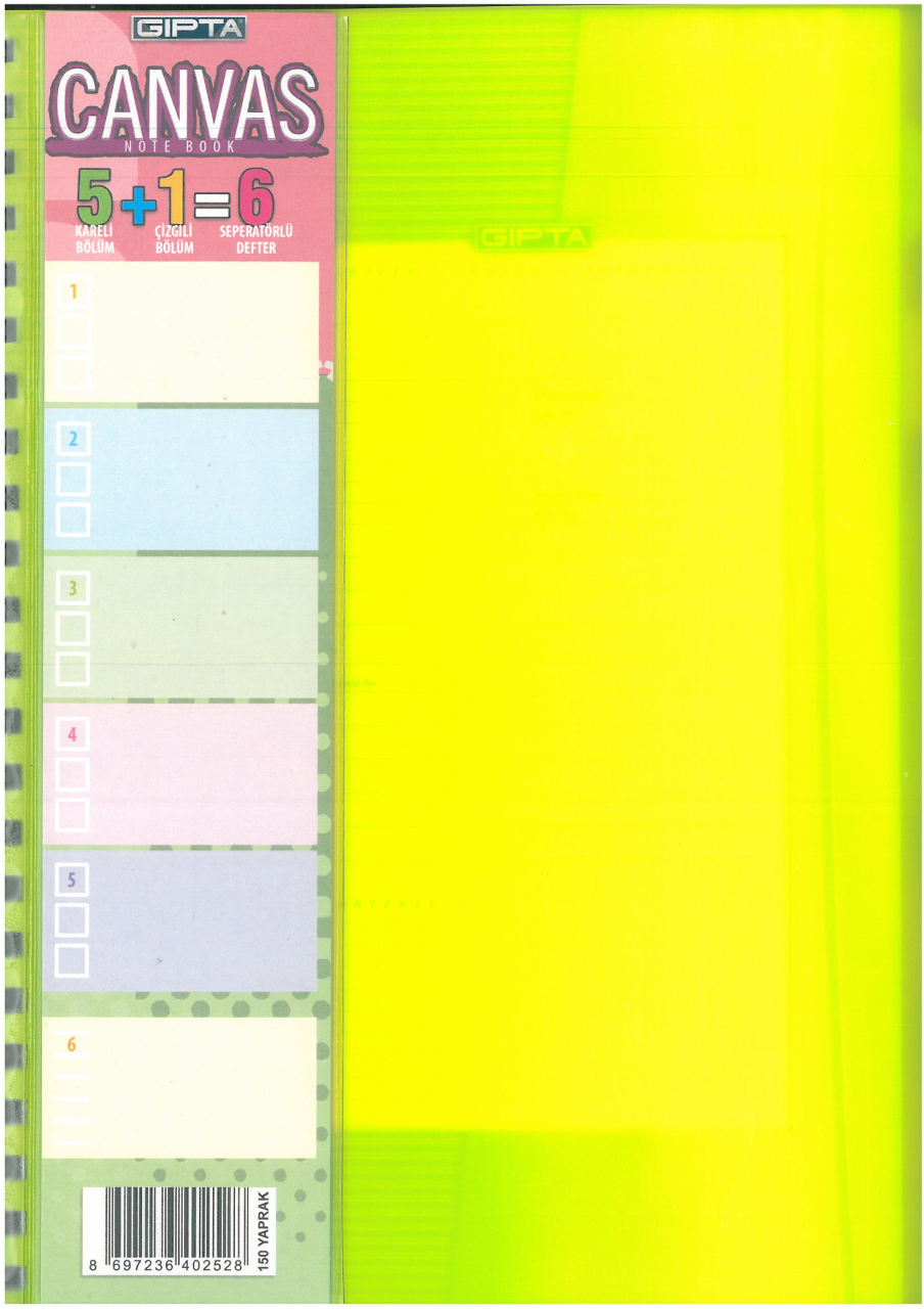 Gıpta Canvas Spiralli Plastik Kapak 6 Seperatörlü 150 Yaprak 5+1 Defter