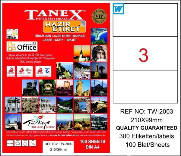 Tanex TW-2003 Hazır Etiket A4 210 x 99 mm Lazer Etiket 100 Adet