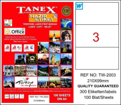Tanex TW-2003 Hazır Etiket A4 210 x 99 mm Lazer Etiket 100 Adet