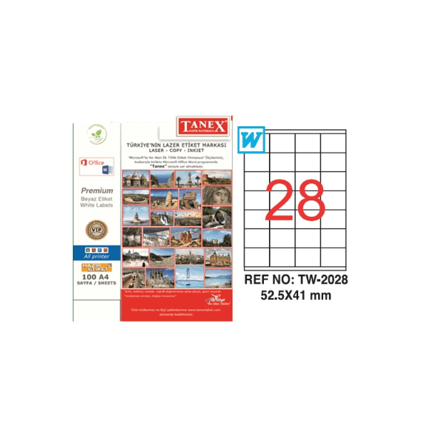 Tanex TW-2028 Hazır Etiket A4 52,5x41 mm Lazer Etiket 100 Adet