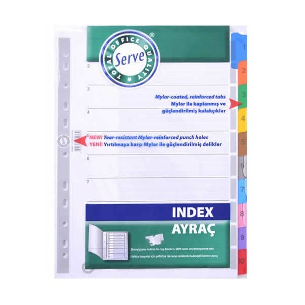 Serve Seperatör 1-10 Rakamlı Renkli A4 Ayraç