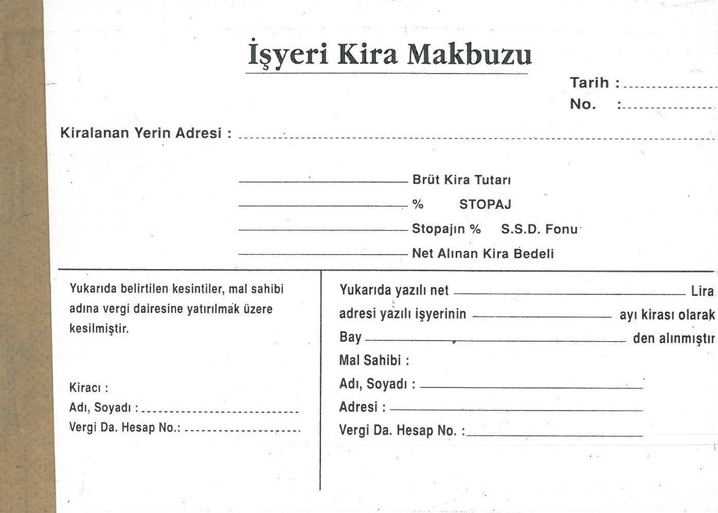 İşyeri Kira Makbuzu 2 Nüsha Otokopisiz