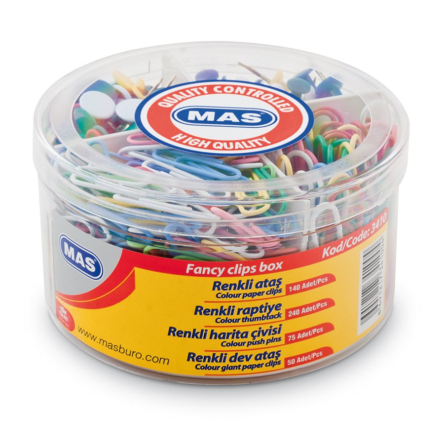 Mas 3410 Plastik 4'lü Mix Set ( Renkli Ataş / Renkli Dev Ataş / Renkli Raptiye / Renkli Harita Çivisi )